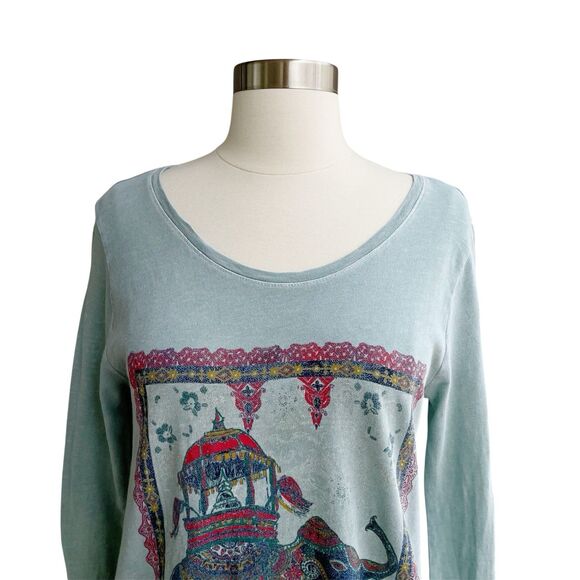 Lucky Brand Top S Elephant Ride Boho Graphic Print Pullover 3/4 Sleeve Knit Tee - Picture 2 of 9